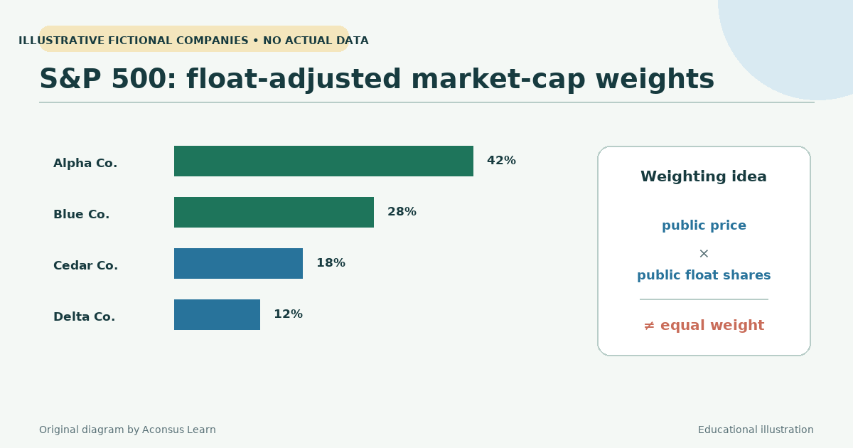 The S&P 500 uses float-adjusted market-cap weighting, not equal weighting.