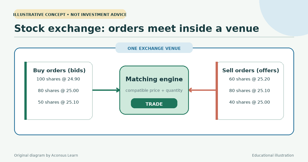 A stock exchange is a venue where compatible buy and sell orders are matched.